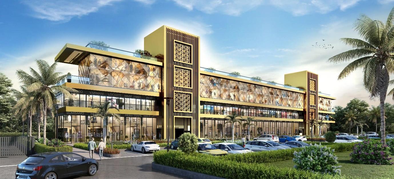 Front view of BPTP District Walk's contemporary commercial complex in Sector 81, Faridabad, showcasing its sleek glass facade and landscaped surroundings.