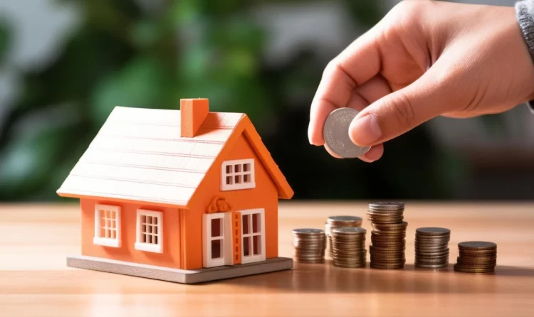 Hand placing coin near miniature orange house with stacked coins symbolizing affordable real estate investment in Faridabad