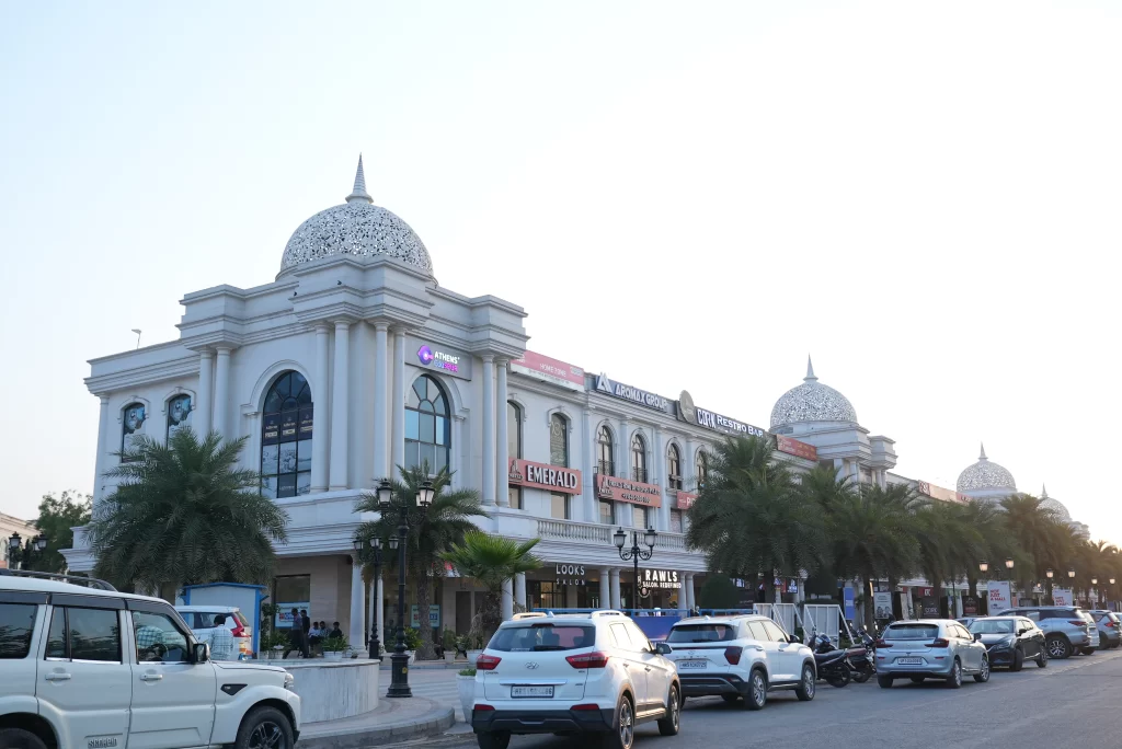 Row of premium retail outlets at Omaxe World Street, featuring a blend of global and local brands in a high-street shopping environment.
