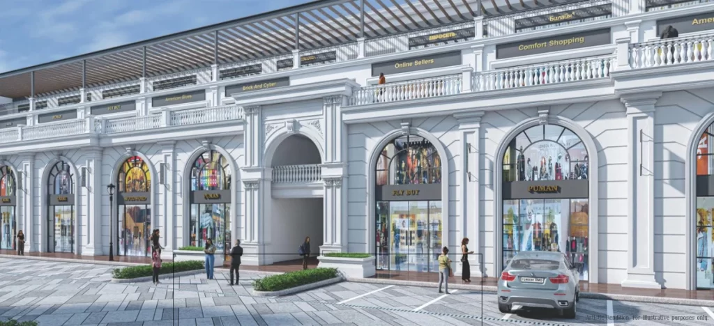 Architectural rendering of a premium commercial complex at Omaxe World Street, Faridabad, showcasing grand white façade, arched windows, multi-level retail spaces, and elegant high-street design.