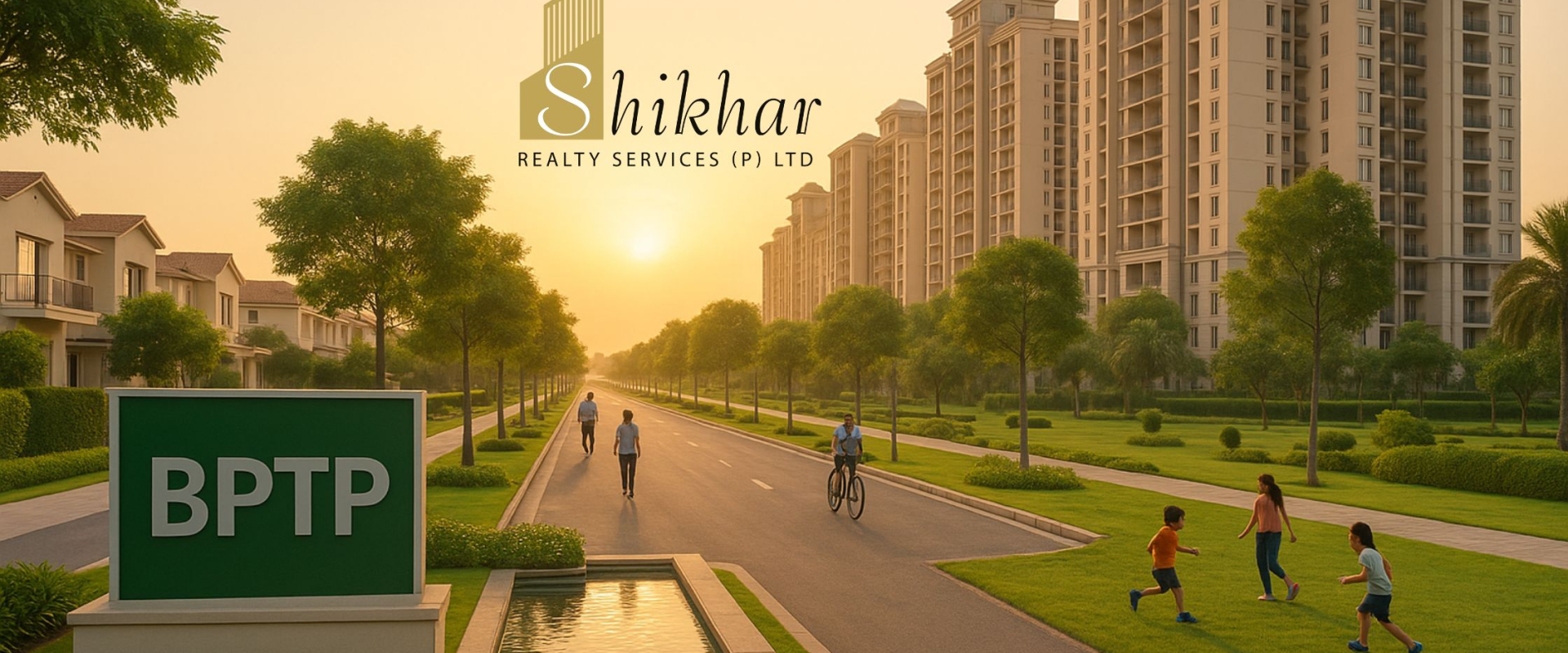 Modern residential township view in bptp Faridabad featuring landscaped gardens, mid-rise apartments, and family-friendly amenities