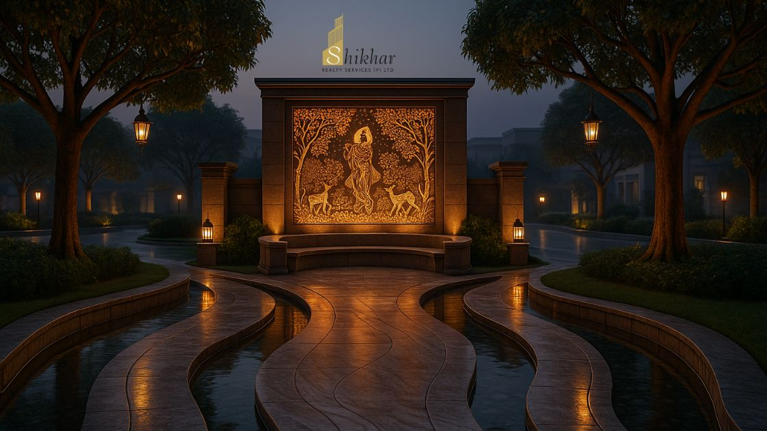 Aerial sunrise view of Aanandam Valley Barsana, where spirituality, wellness, and modern living come together near Mathura.